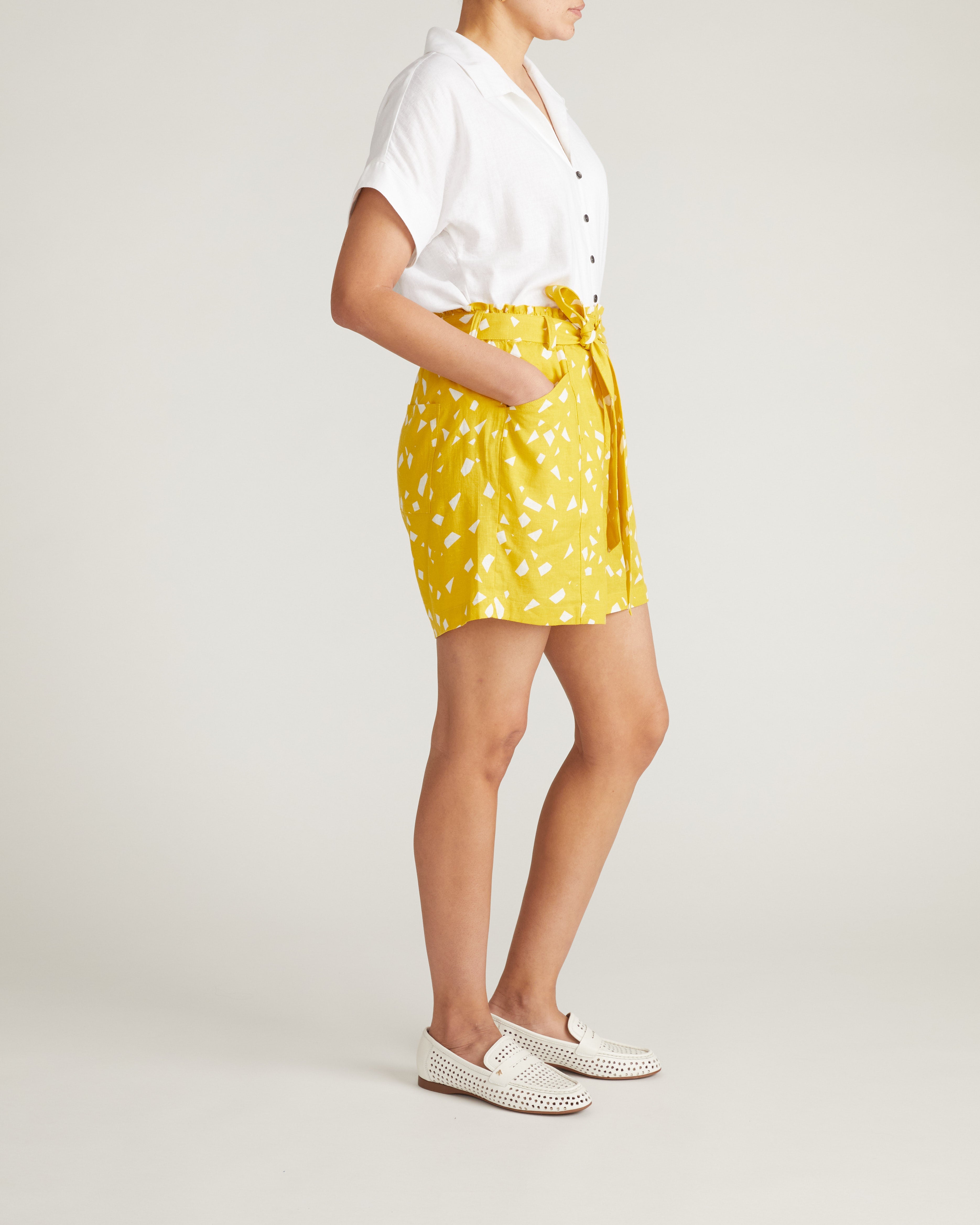 Harbor Stretch Linen Blend Paperbag Shorts - Yellow Confetti Print
