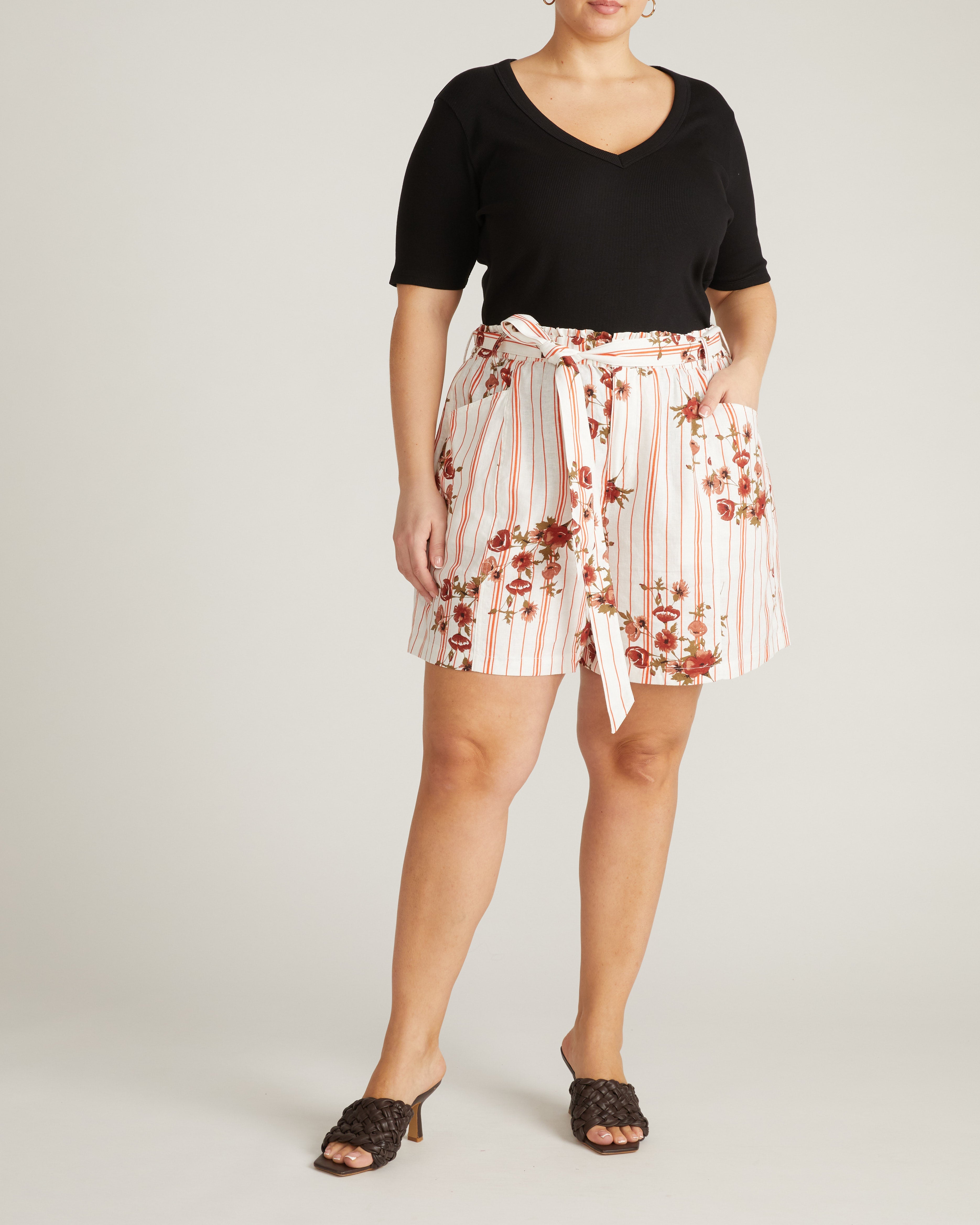 Harbor Stretch Linen Blend Paperbag Shorts - Wild Flower Bouquet Print on Stripes