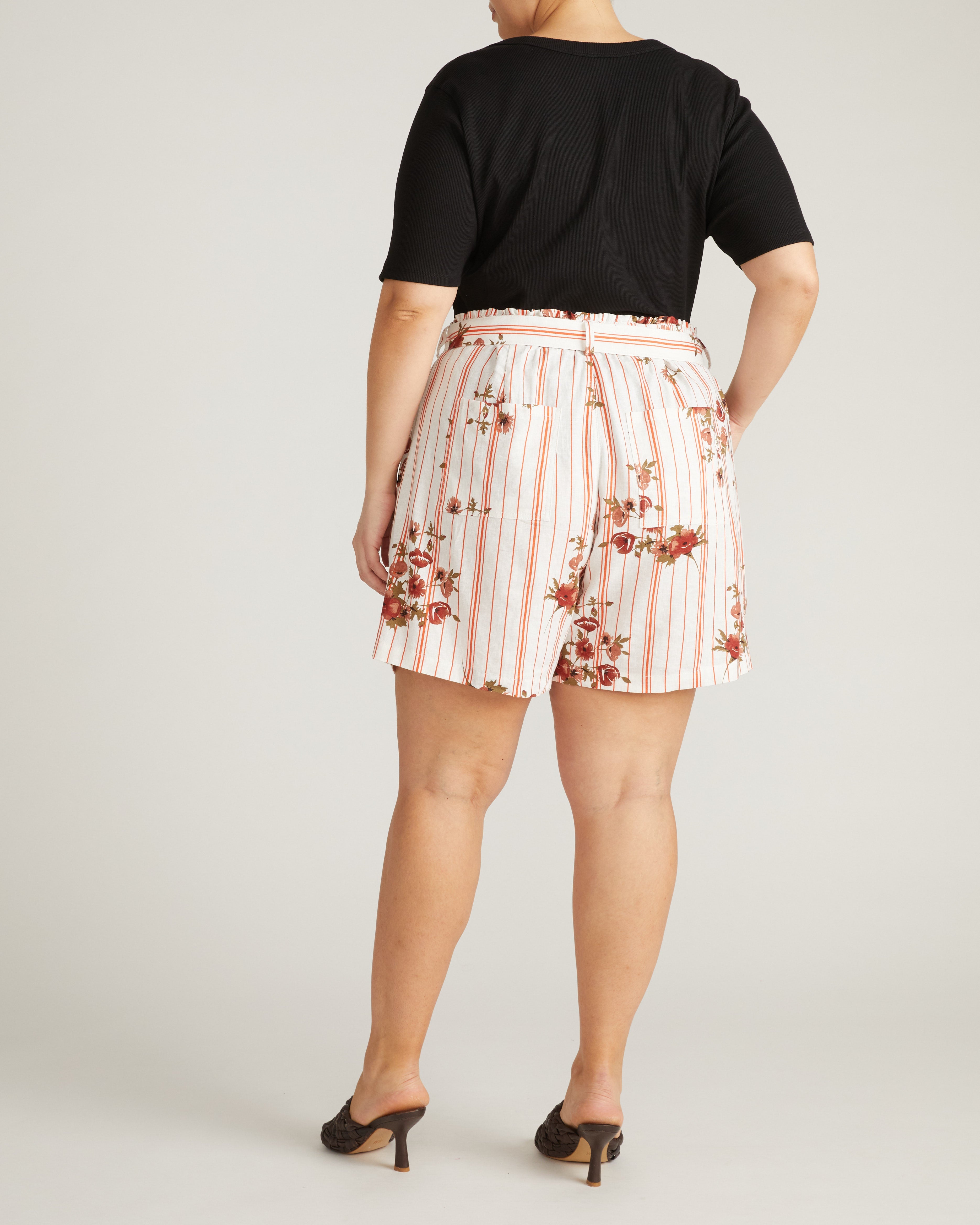 Harbor Stretch Linen Blend Paperbag Shorts - Wild Flower Bouquet Print on Stripes