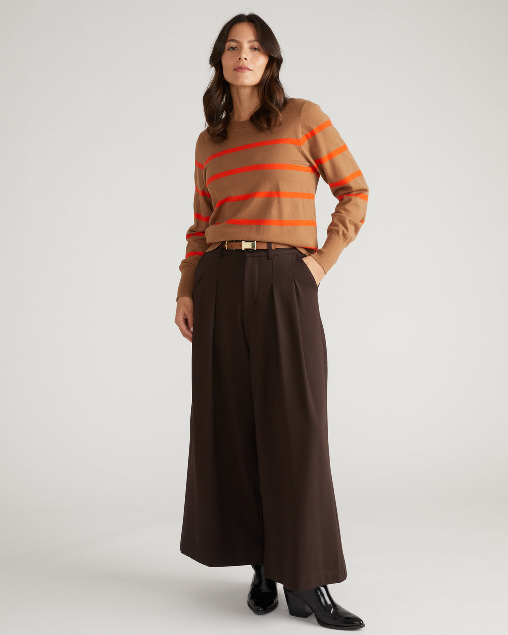 Savvy Fine Knit Crew Sweater - Classic Camel/Poppy Stripe