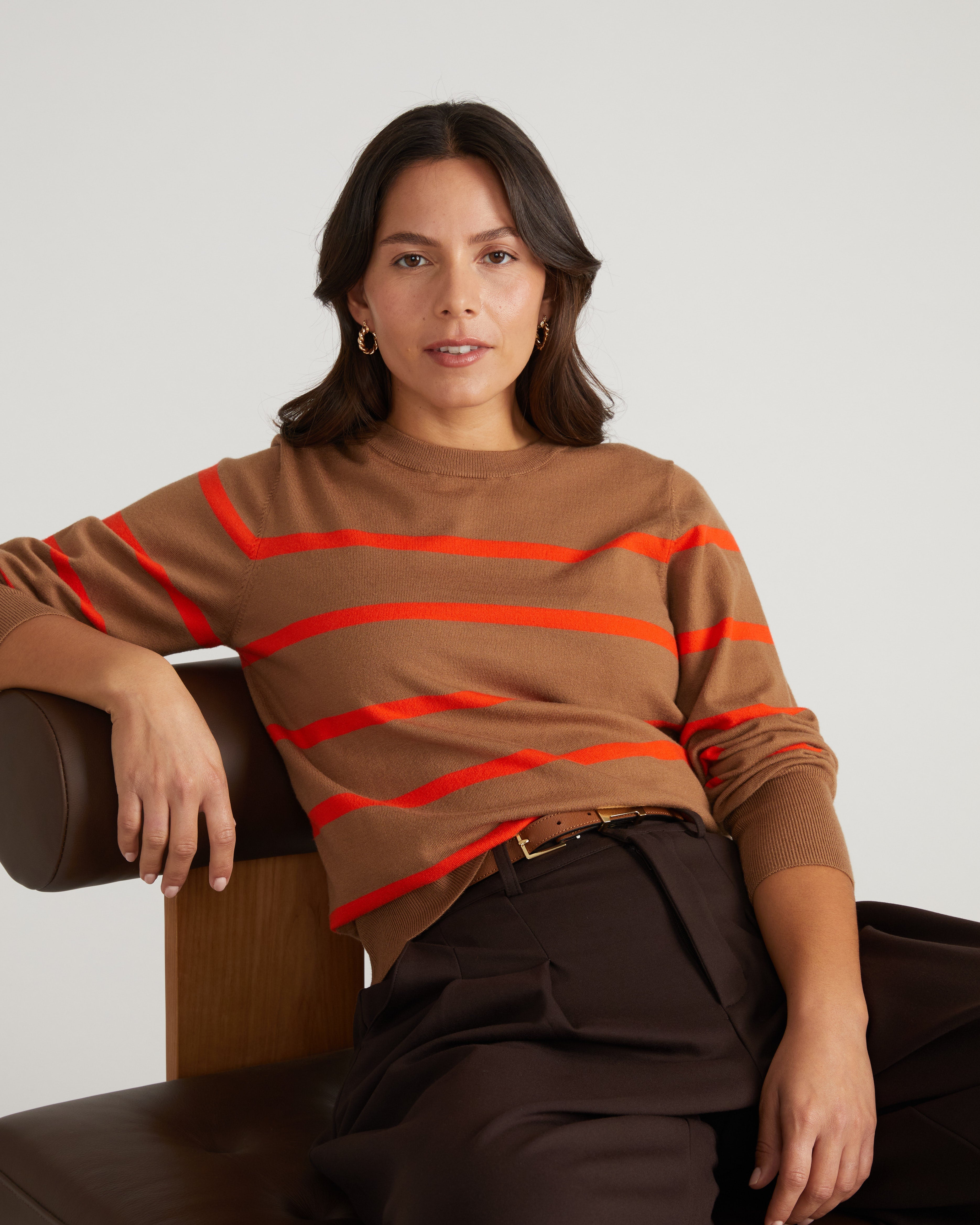 Savvy Fine Knit Crew Sweater - Classic Camel/Poppy Stripe