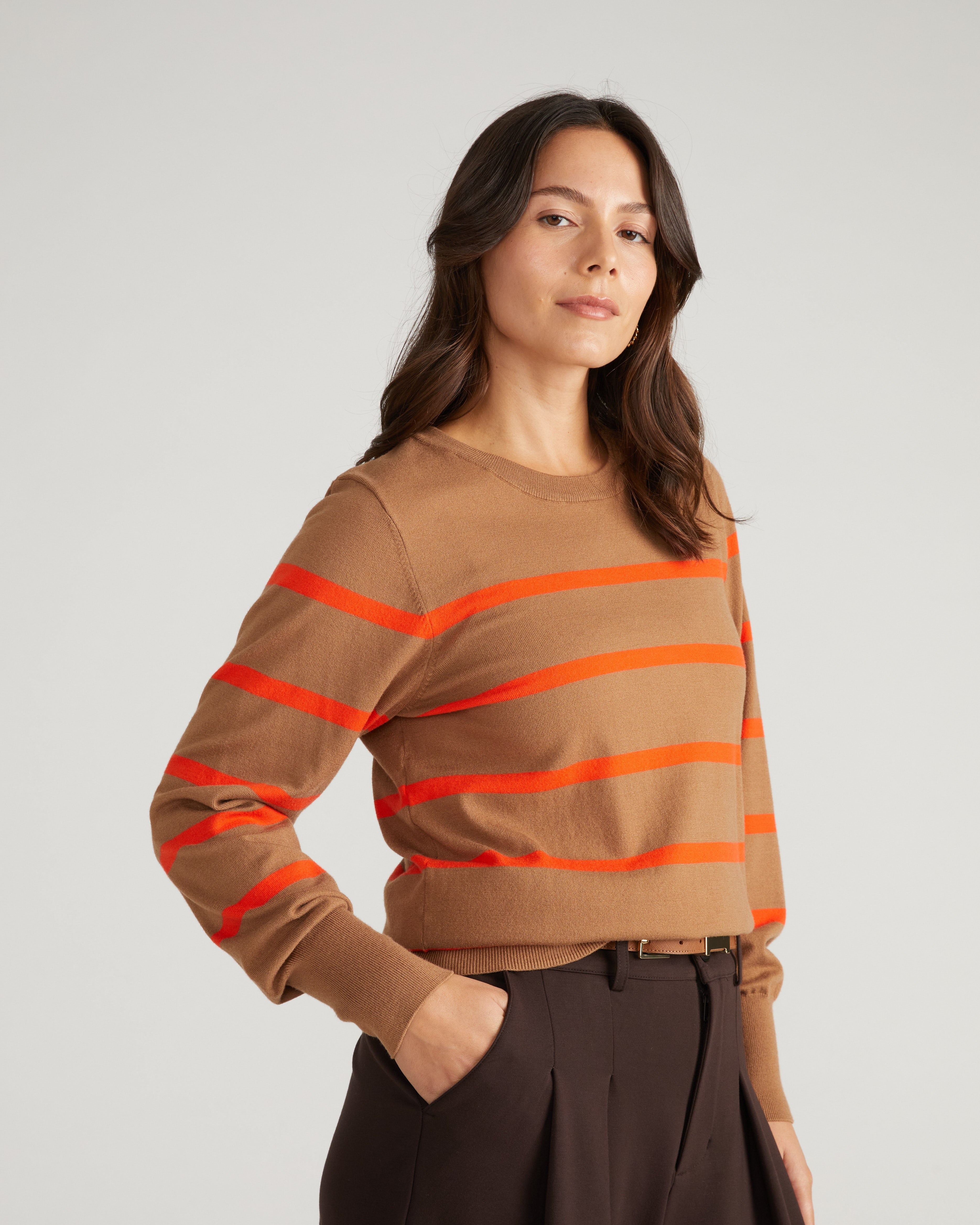 Savvy Fine Knit Crew Sweater - Classic Camel/Poppy Stripe
