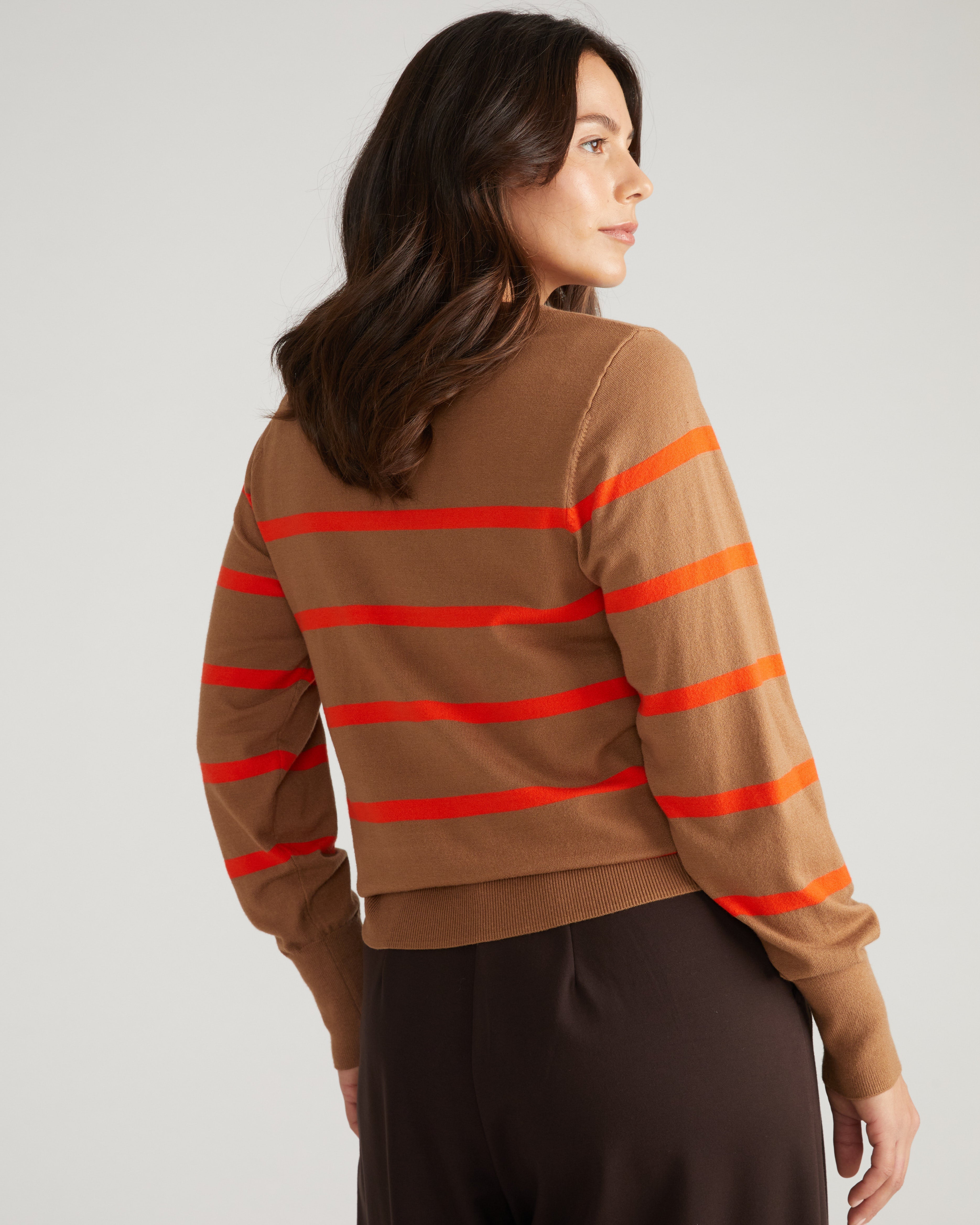 Savvy Fine Knit Crew Sweater - Classic Camel/Poppy Stripe