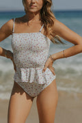 Amelia Top | Shirred White Floral Peplum Tankini Top