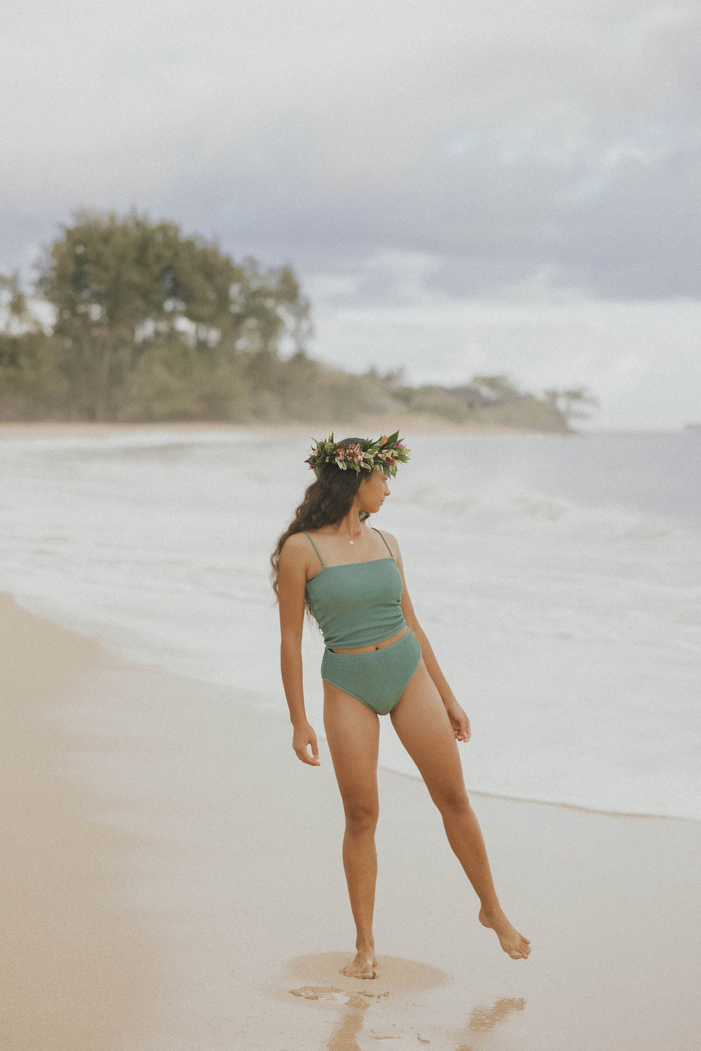 Oahu High Waisted Bottoms | Green Crinkle Textured Bikini Bottoms