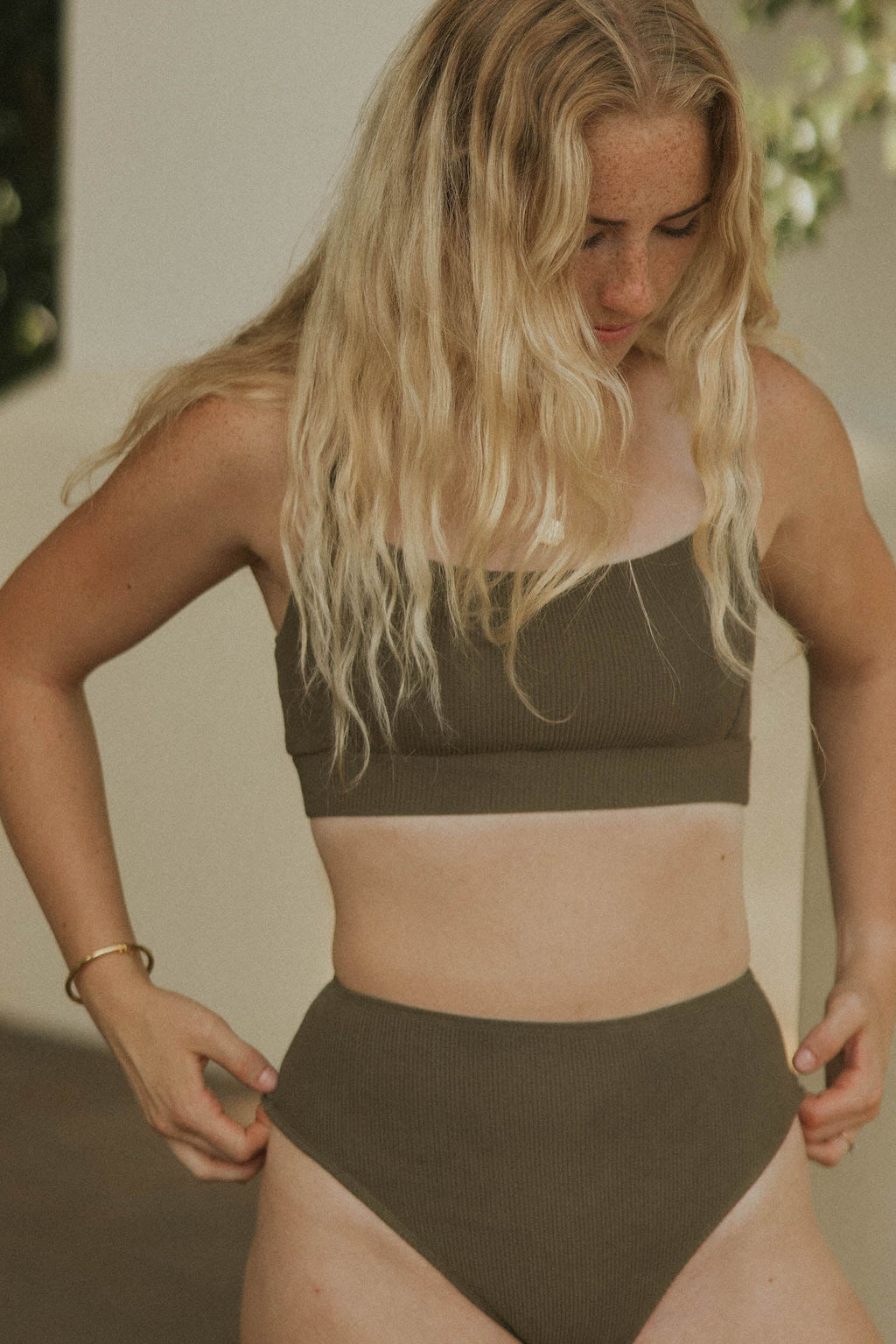Cabo High Waisted Bottoms | Brown Crinkle Textured Swim Bottoms