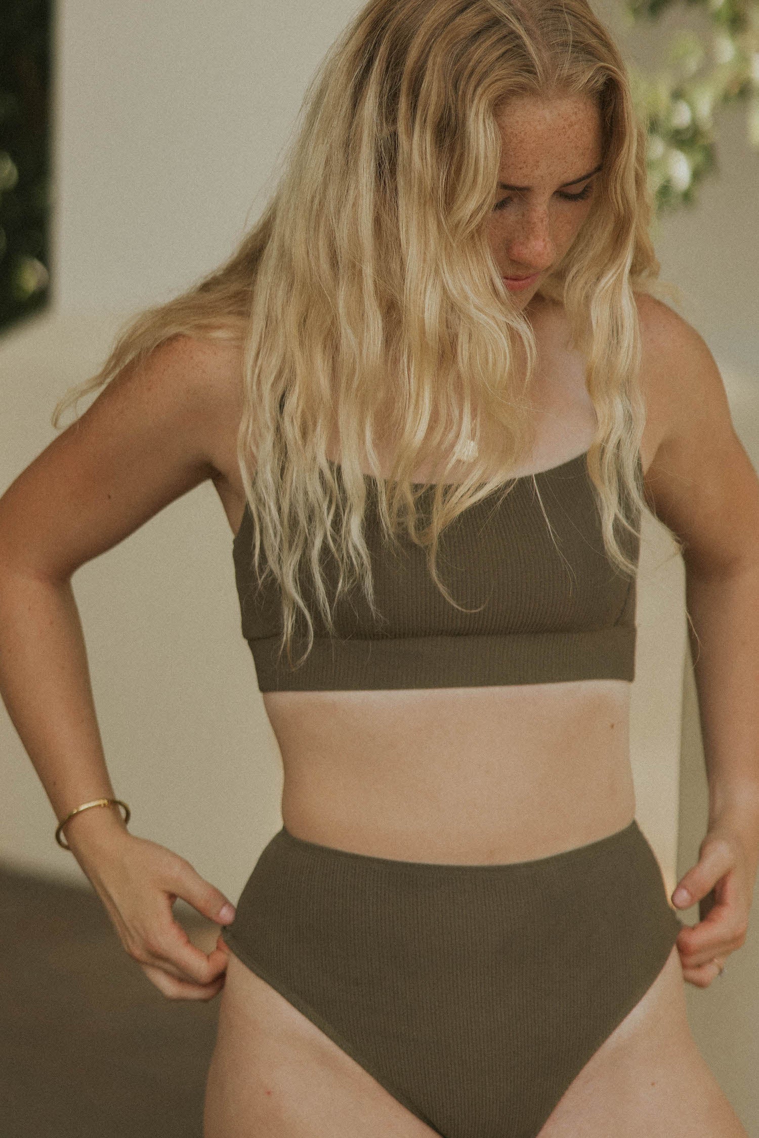 Cabo High Waisted Bottoms | Brown Crinkle Textured Swim Bottoms