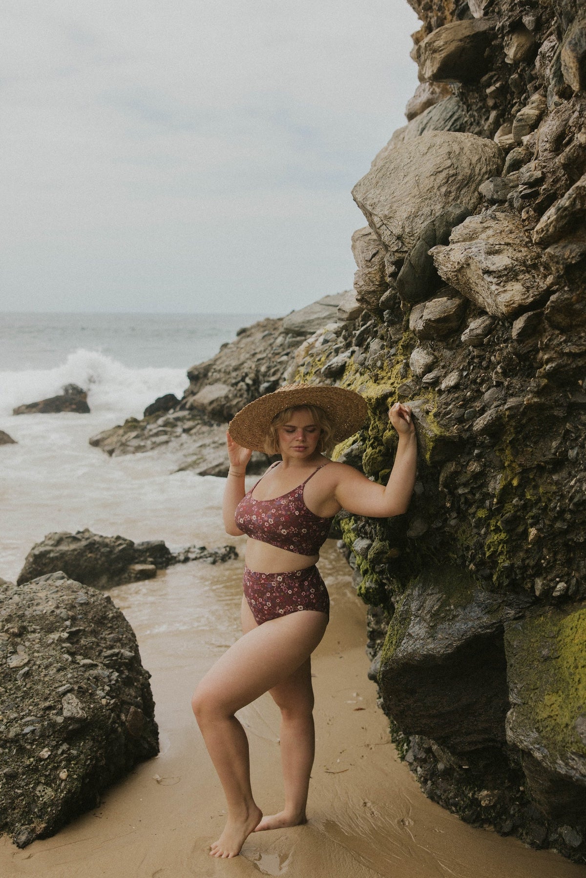 Charlotte High Waisted Bottoms | Maroon Ditsy Floral Swim Bottoms