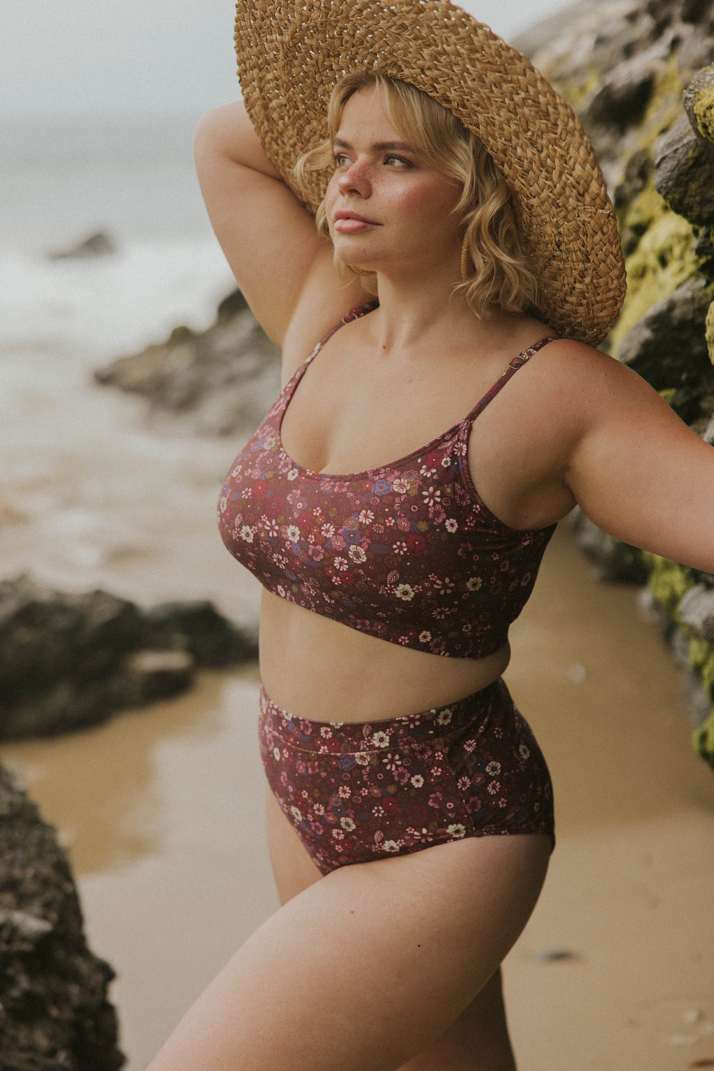 Charlotte High Waisted Bottoms | Maroon Ditsy Floral Swim Bottoms