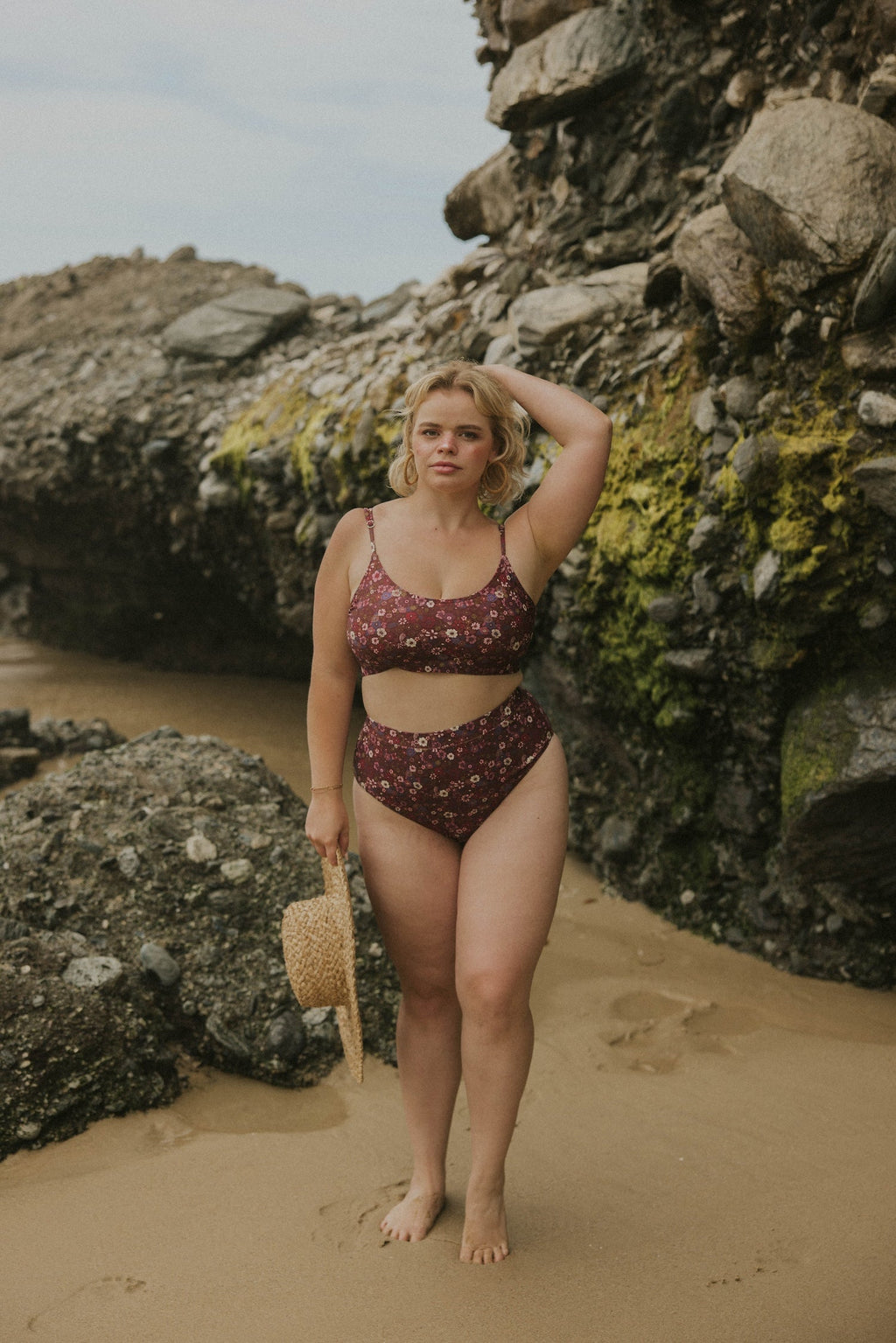 Charlotte High Waisted Bottoms | Maroon Ditsy Floral Swim Bottoms