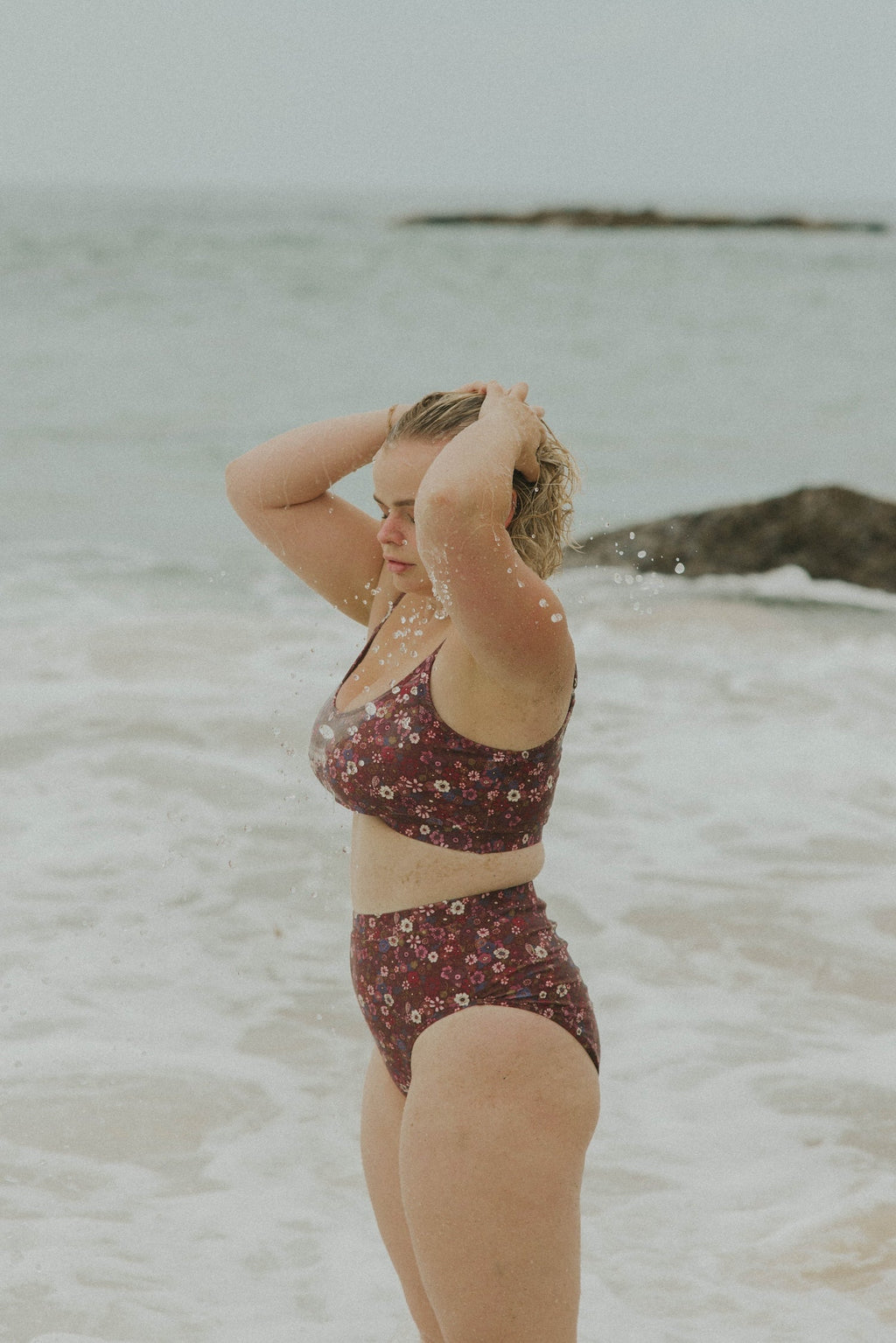 Charlotte High Waisted Bottoms | Maroon Ditsy Floral Swim Bottoms