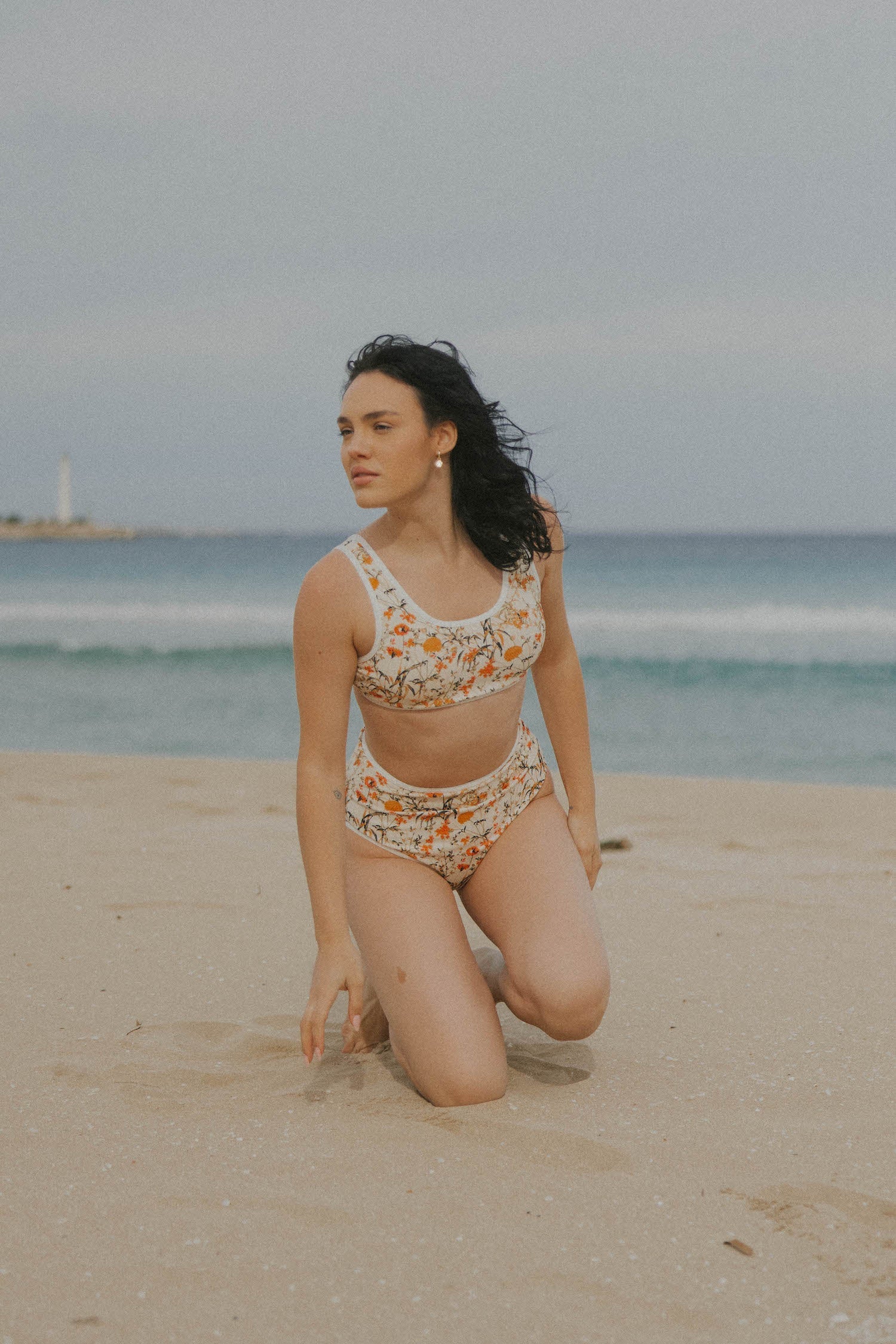Costa Bikini Top | Wildflower Print Swim Top with White Trim