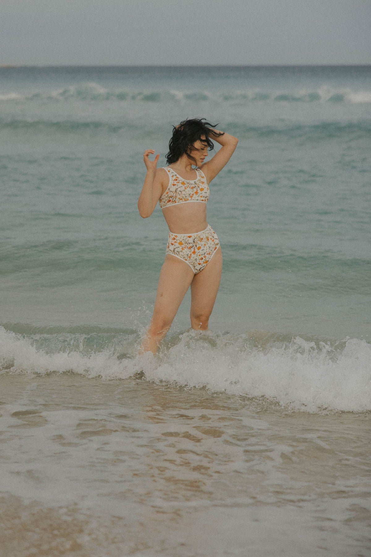 Costa Bikini Top | Wildflower Print Swim Top with White Trim