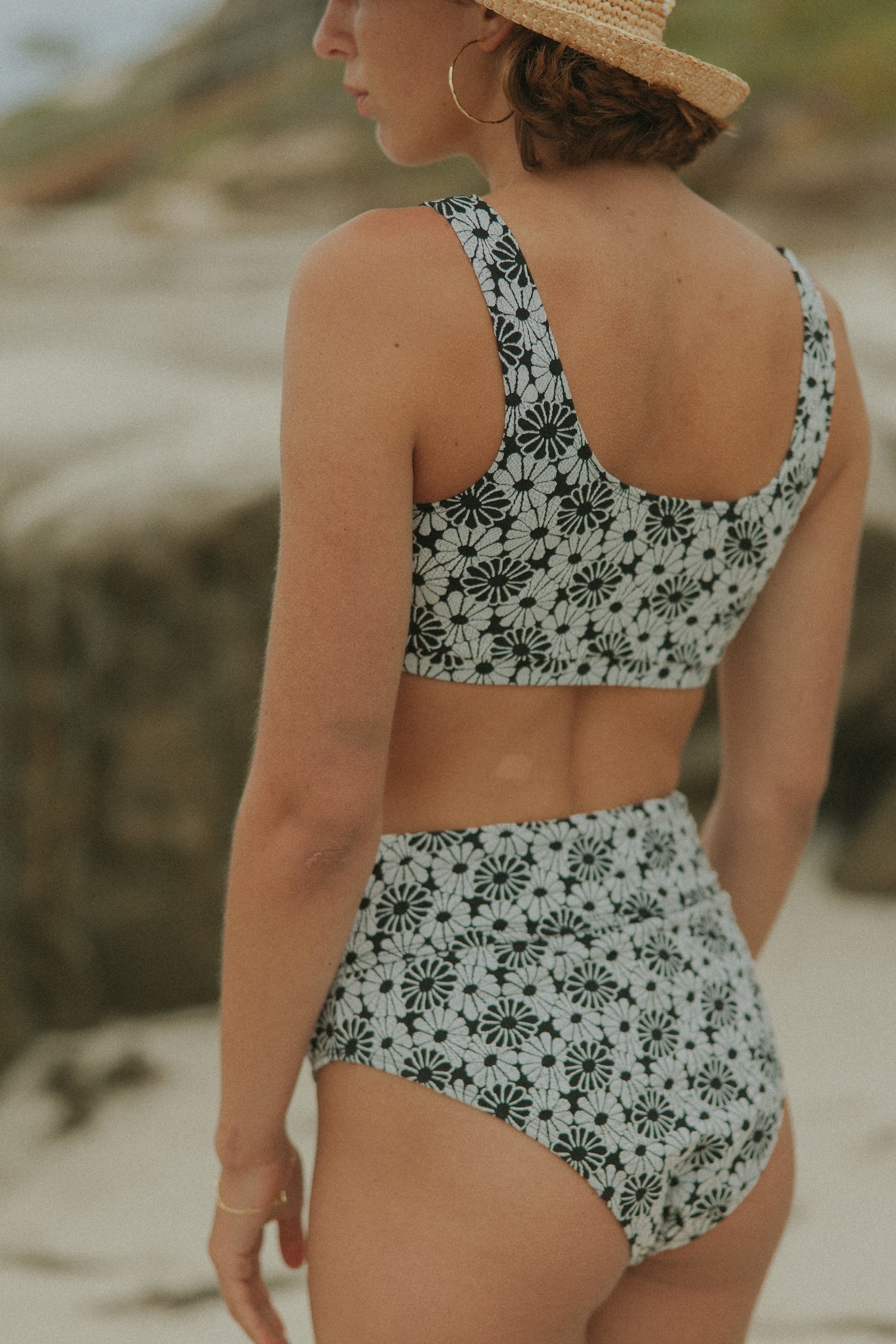 Daisy High Waisted Bottoms | Textured Floral Retro Bikini Bottoms