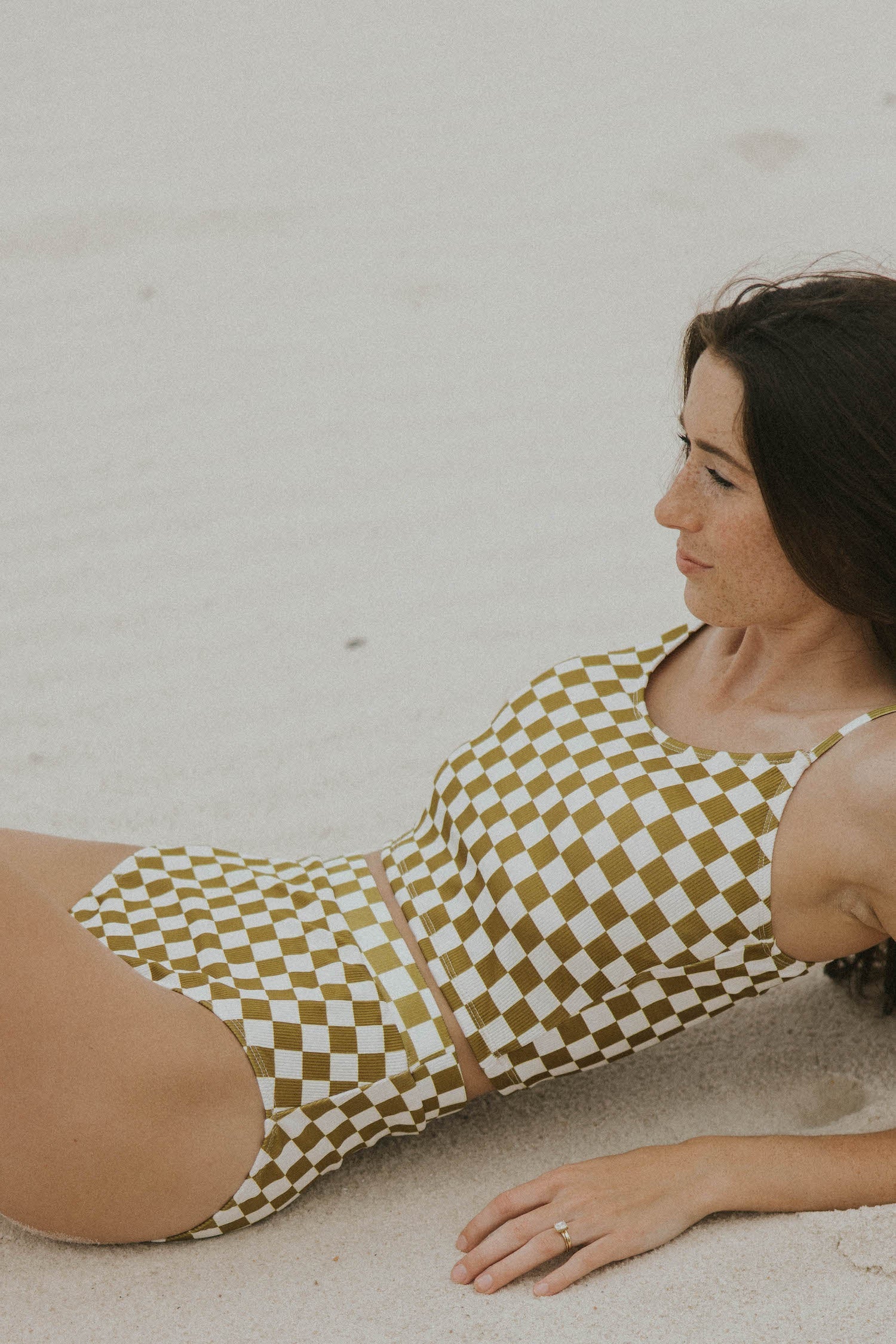 Myrtle High Waisted Bottoms | Neutral Checkered Ribbed Swim Bottoms