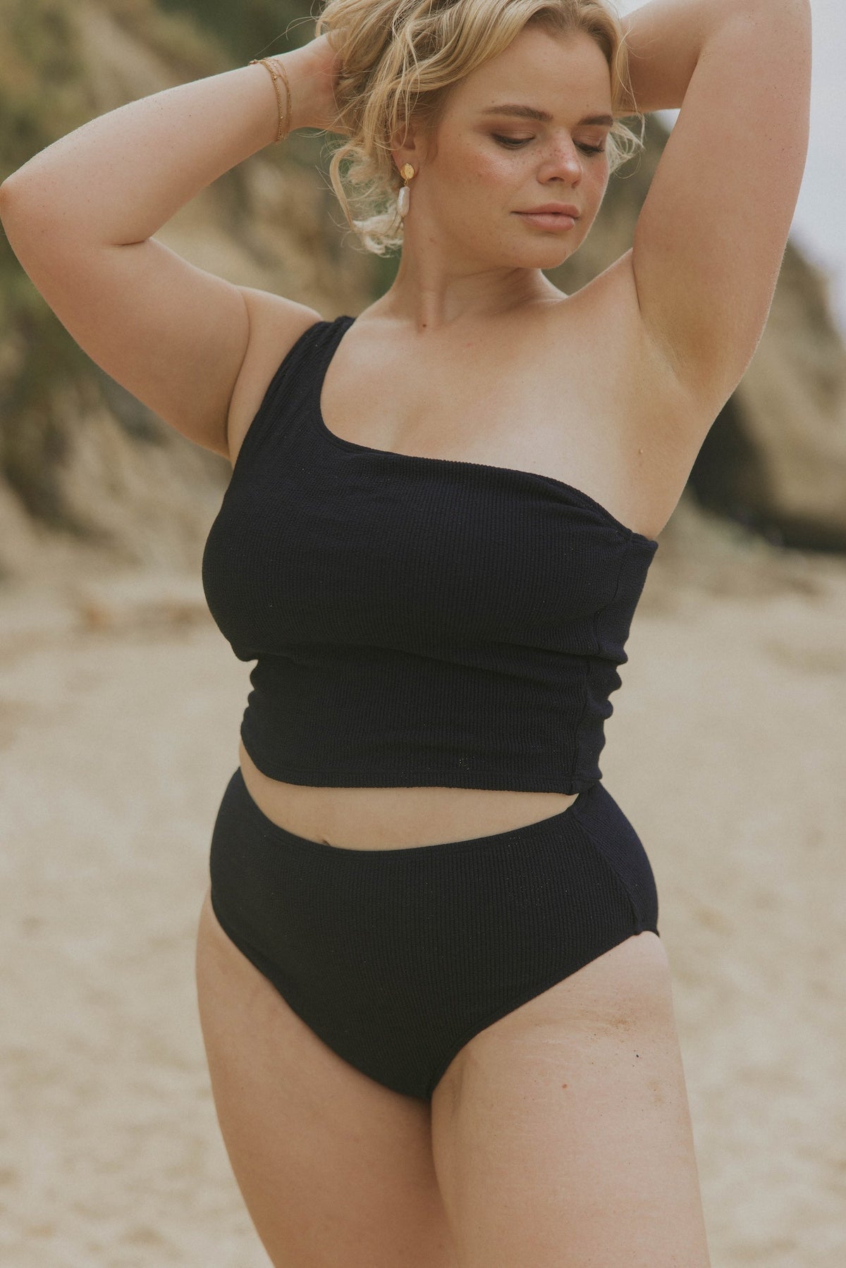 Sicily High Waisted Bottoms | Black Crinkle Textured Swim Bottoms